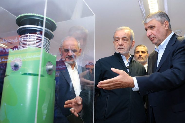 Iran's President Masoud Pezeshkian visits Iran's nuclear achievements exhibition in Tehran, Iran April 9, 2025. Iran's Presidency/WANA (West Asia News Agency)/Handout via REUTERS ATTENTION EDITORS - THIS PICTURE WAS PROVIDED BY A THIRD PARTY.