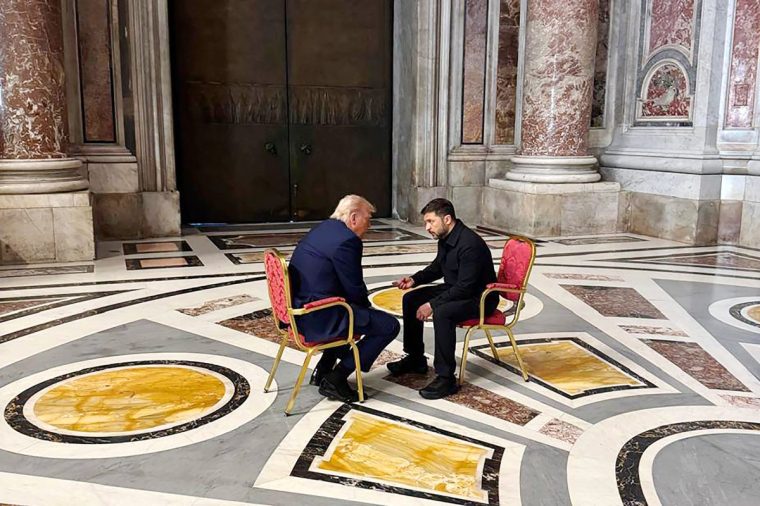 VATICAN CITY, VATICAN - APRIL 26: (EDITOR???S NOTE: This handout image was provided by a third-party organization and may not adhere to Getty Images??? editorial policy.) In this handout photo released via the official social media channels of the Office of the President of Ukraine, Ukraine's President Volodymyr Zelensky (R) meets with U.S. President Donald Trump (L) during Pope Francis's funeral at St. Peter's Basilica at the Vatican, on April 26, 2025 in Vatican City, Vatican. Pope Francis died on April 21st, aged 88. Anointed in 2013, Argentinian Jorge Mario Bergoglio was the first Latin American and Jesuit Pope. Taking the name Francis after St Francis of Assisi, he was a more humble Pope than many of his predecessors and will be buried outside of the Vatican in a simple wooden coffin at the Basilica Santa Maria Maggiore. (Photo by Office of the President of Ukraine via Getty Images)