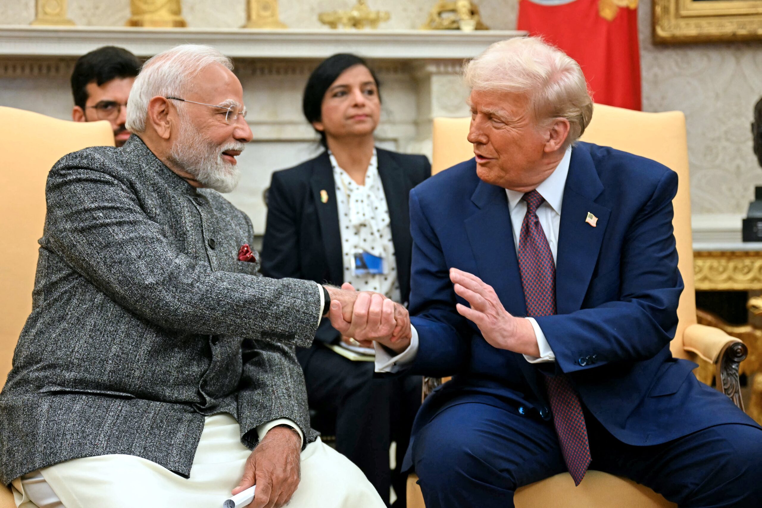 File. US president Donald Trump shakes hands with Indian prime minister Narendra Modi in the Oval Office of the White House in Washington DC on 13 February 2025