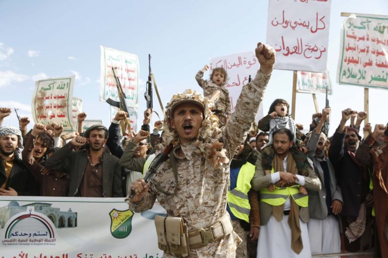 SANAA, YEMEN - MARCH 17: Thousands of people gather in Al-Sabeen Square in the Yemeni capital Sana'a, led by the Houthis, to protest against the attacks on the country, on March 17, 2025 in Yemen. Yemenis also reacted to the ongoing attacks on the Gaza Strip by chanting slogans. (Photo by Mohammed Hamoud/Anadolu via Getty Images)