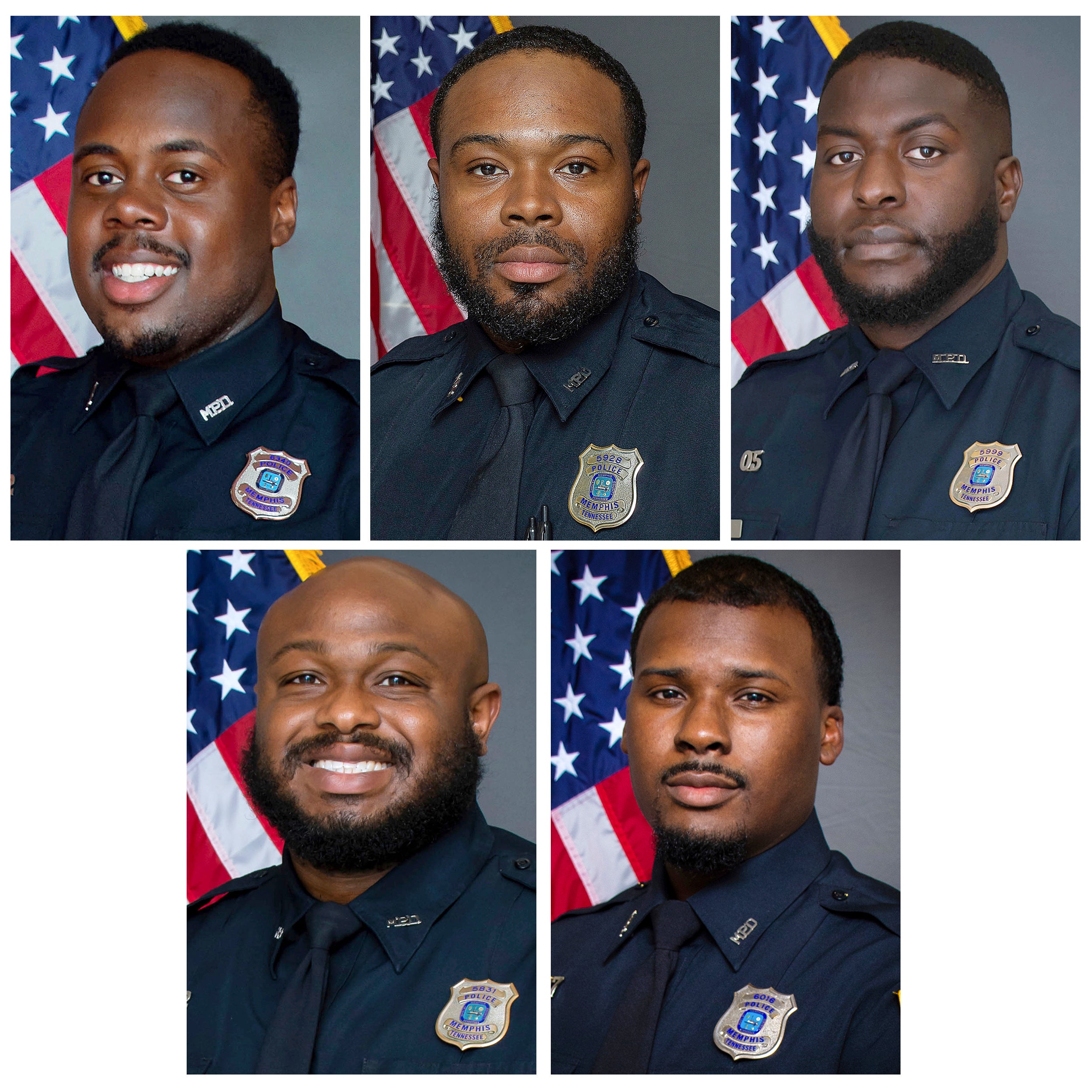 Top row from left, officers Tadarrius Bean, Demetrius Haley, Emmitt Martin III, and bottom row from left, Desmond Mills Jr. and Justin Smith