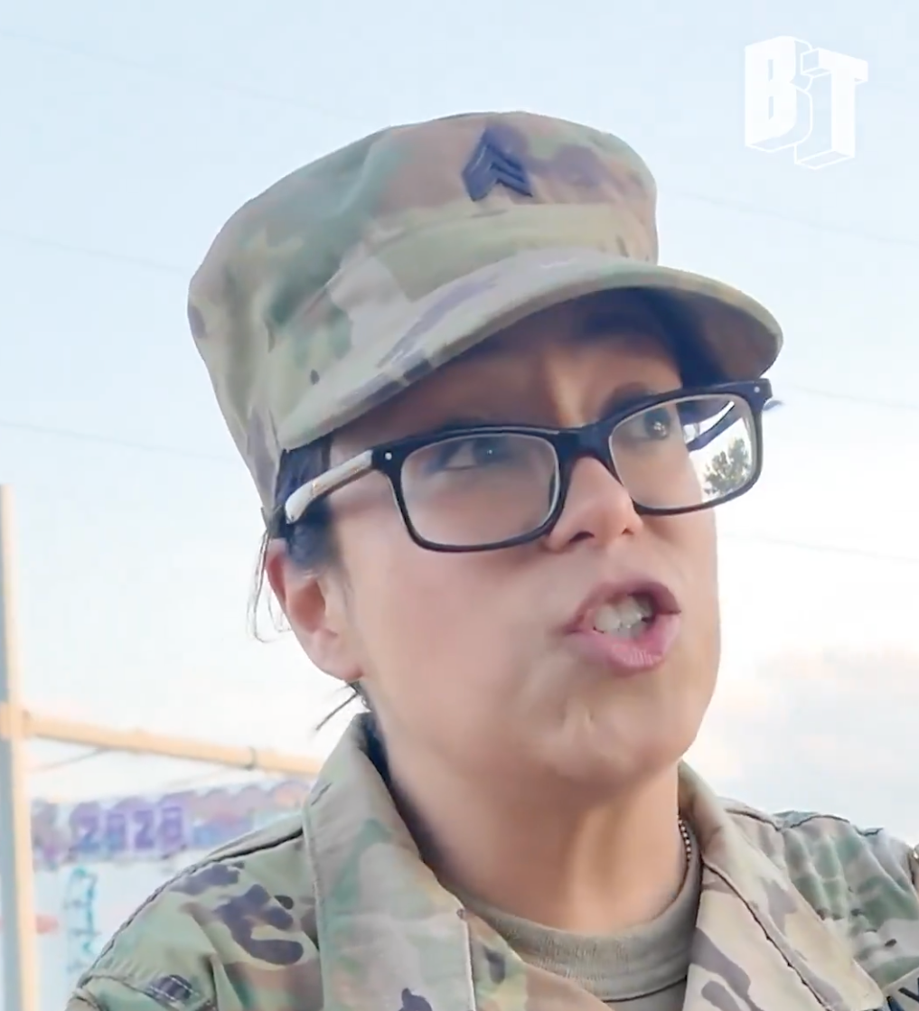 A U.S. Army veteran speaks out against President Donald Trump's deployment of active-duty Marines to help police anti-ICE protests in Los Angeles at a sympathy demonstration in Dallas, Texas, on Monday June 9 2025
