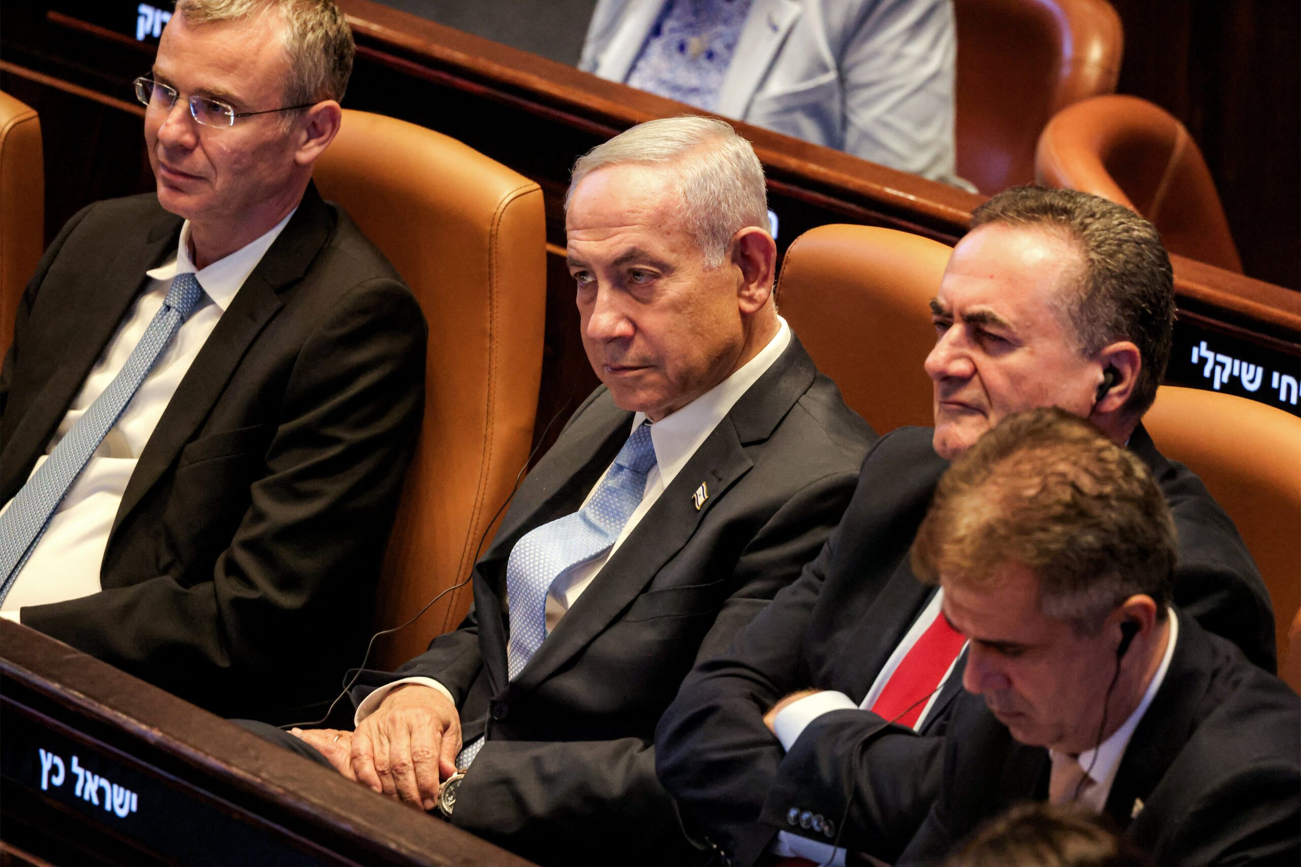 Israeli prime minister Benjamin Netanyahu and defence minister Israel Katz seen in the Israeli parliament (Knesset) at its headquarters in Jerusalem