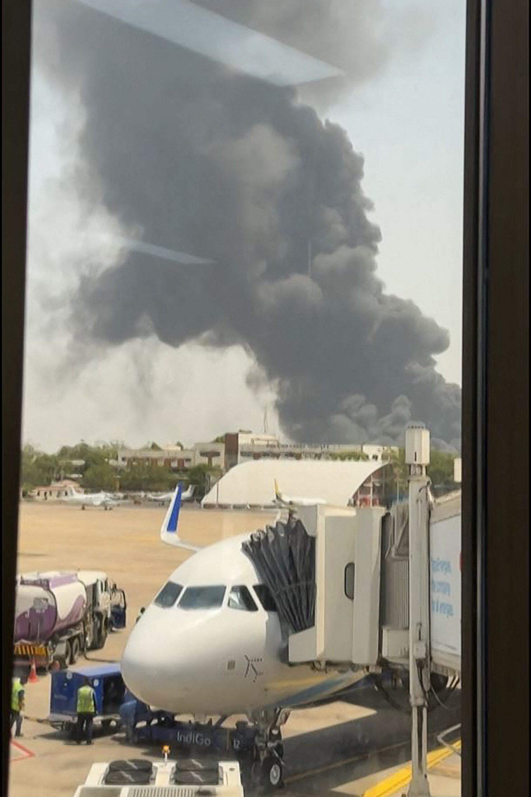 Huge clouds of smoke can be seen from the airport