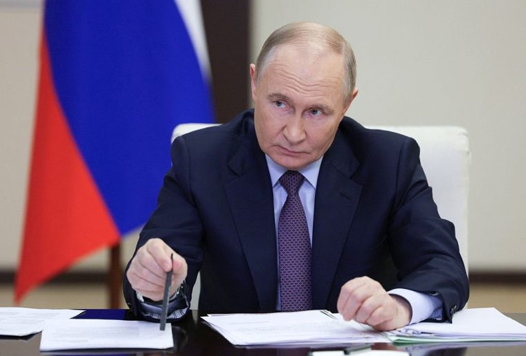 In this pool photograph distributed by the Russian state agency Sputnik, Russia's President Vladimir Putin chairs a meeting on Russia's language policy via a videoconference at the Novo-Ogaryovo state residence, outside Moscow, on June 5, 2025. (Photo by Gavriil Grigorov / POOL / AFP) (Photo by GAVRIIL GRIGOROV/POOL/AFP via Getty Images)