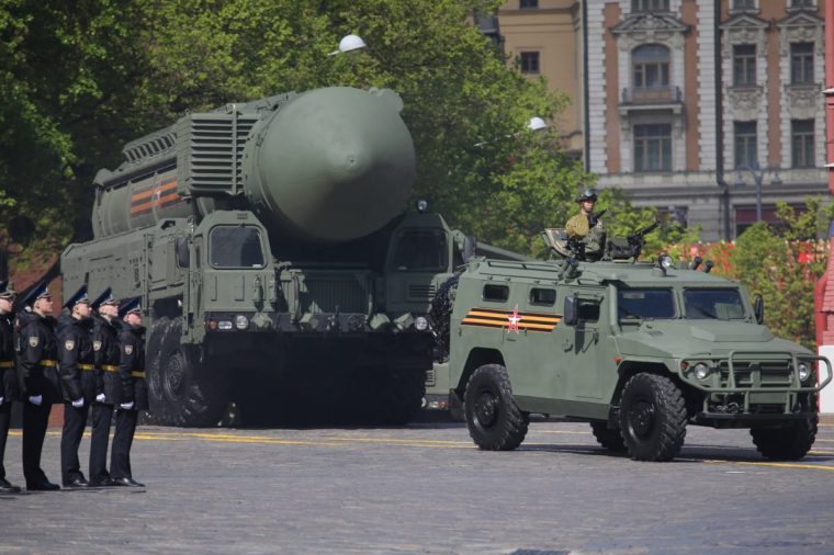 MOSCOW, RUSSIA - MAY 5: (RUSSIA OUT) Russian RS-24 Yars nuclear missile complex (NATO reporting name: SS-29) arrives during the main rehearsals of the military parade, in the Red Square on May 5, 2024. More than 9,000 participants and 70 military vehicles and planes are expected to attend the Red Square Victory Day Parade, scheduled for May 9. (Photo by Contributor/Getty Images)