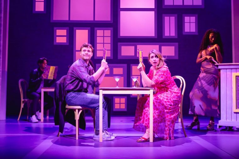 Shane O'Riordan (Peter), Jessica Boshier (Lucy) and cast Lovestuck Theatre Royal Stratford East Credit: Mark Senior Provided by burte@joallanpr.com