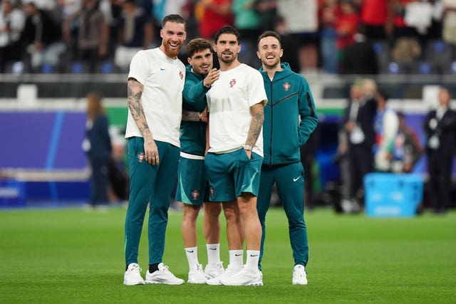 Portugal goalkeeper Jose Sa (left), Pedro Neto (centre left), Ruben Neves and Diogo Jota ahead of a Portugal game