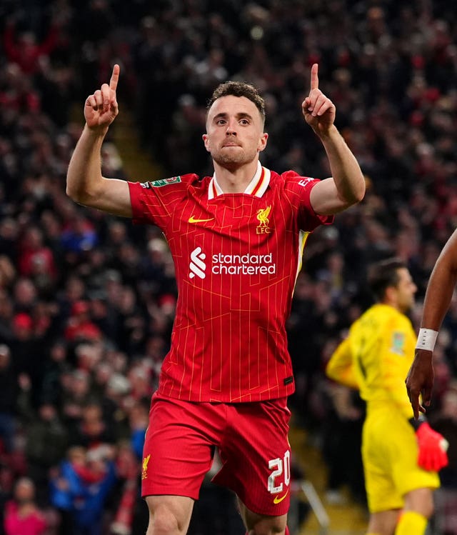 Diogo Jota celebrates after scoring for Liverpool against West Ham last season