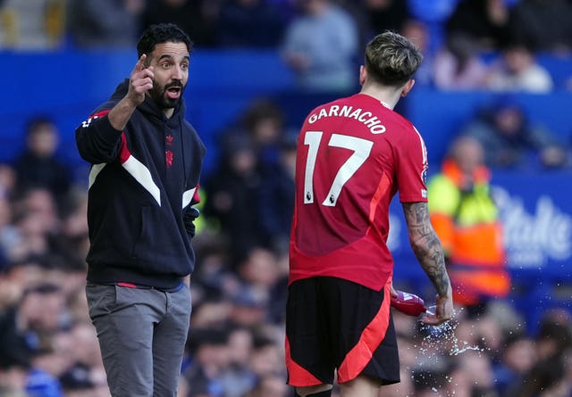 Manchester United head coach Ruben Amorim points at Alejandro Garnacho file photo