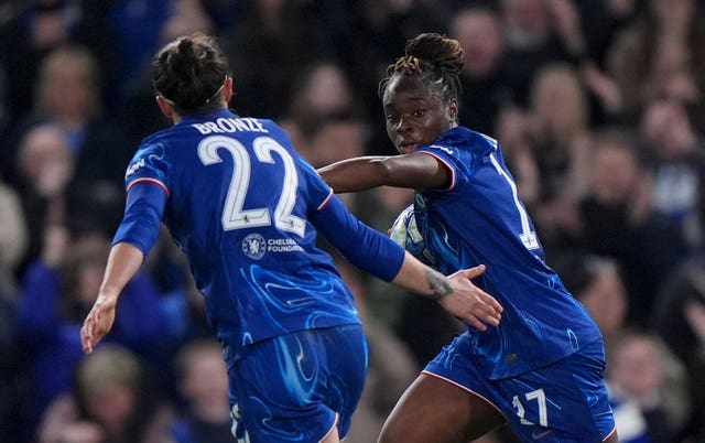 Chelsea’s Sandy Baltimore (right) celebrates with team-mate Lucy Bronze after scoring their side’s first goal during the UEFA Women’s Champions League, quarter-final, second leg match at Stamford Bridge