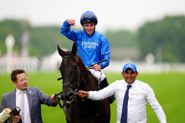 William Buick celebrates winning the Hardwicke Stakes aboard Rebel’s Romance
