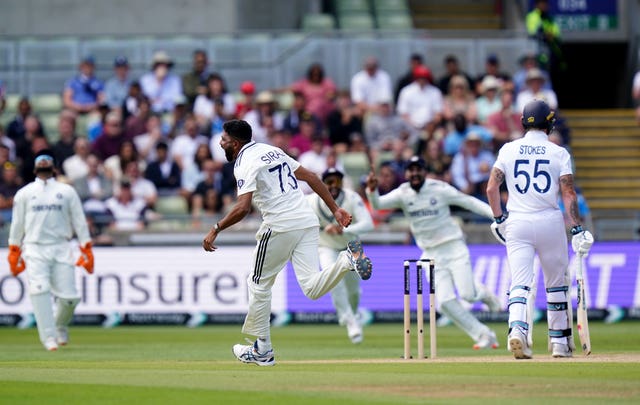 Mohammed Siraj celebrates the wicket of Ben Stokes