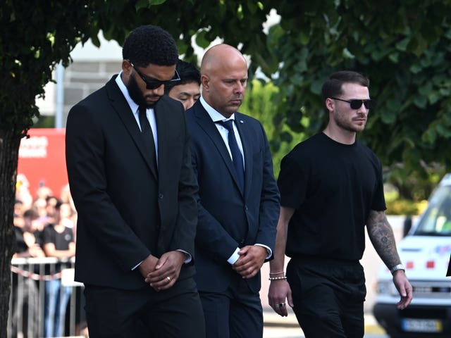 Liverpool’s Joe Gomez, Arne Slot and Alexis MacAllister attend Diogo Jota's funeral
