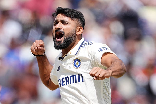 Indiaâs Akash Deep celebrates after taking the wicket of Englandâs Ollie Pope