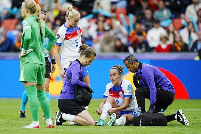 Lucy Bronze receives treatment during the European Women's Championship