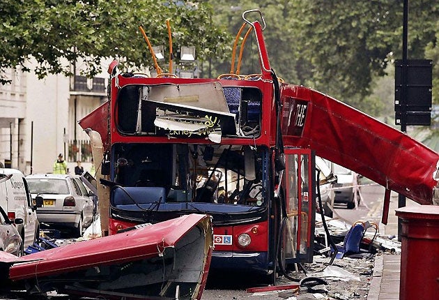 The destroyed bus after Hussain detonated his bomb