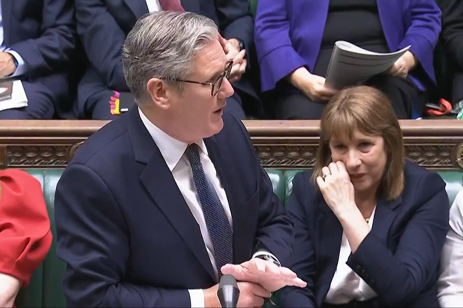 Rachel Reeves (right) crying as Keir Starmer speaks during Prime Minister’s Questions