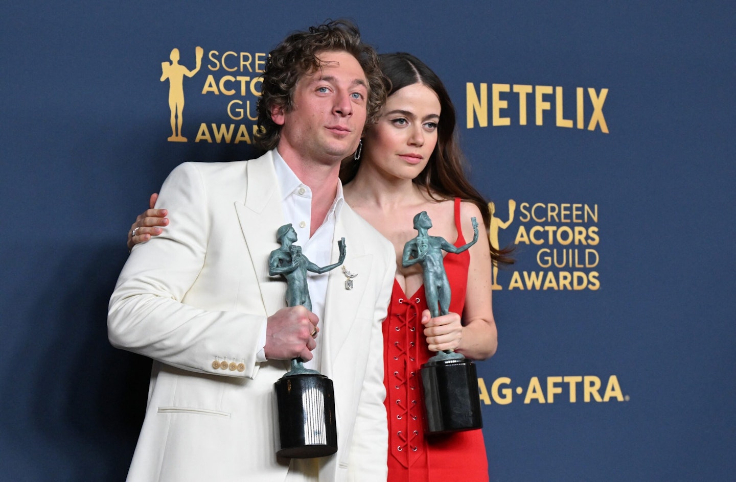 Jeremy Allen White and Molly Gordon at the 30th Annual Screen Actors Guild awards at the Shrine Auditorium in Los Angeles, February 24, 2024