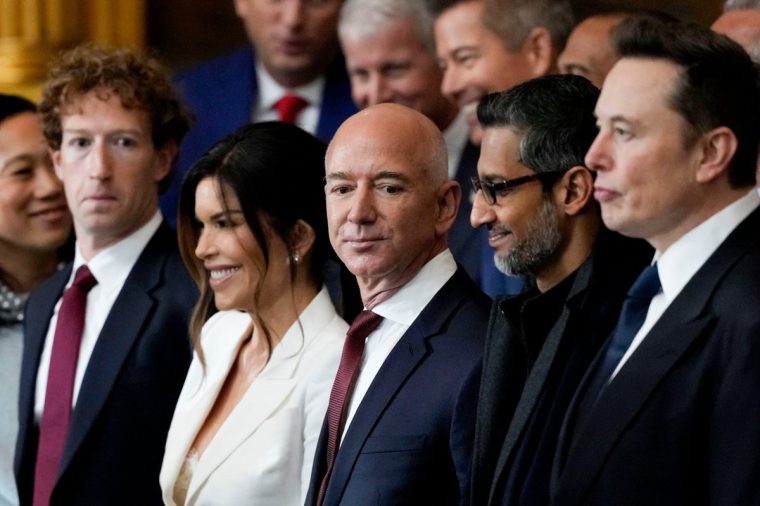 Mark Zuckerberg, chief executive officer of Meta Platforms Inc., from left, Lauren Sanchez, Jeff Bezos, founder of Amazon.com Inc., Sundar Pichai, chief executive officer of Alphabet Inc., and Elon Musk, chief executive officer of Tesla Inc., during the 60th presidential inauguration in the rotunda of the US Capitol in Washington, DC, US, on Monday, Jan. 20, 2025. Donald Trump's Monday swearing-in marks just the second time in US history that a president lost the office and managed to return to power - a comeback cementing his place within the Republican Party as an enduring, transformational figure rather than a one-term aberration. Photographer: Julia Demaree Nikhinson/AP Photo/Bloomberg via Getty Images