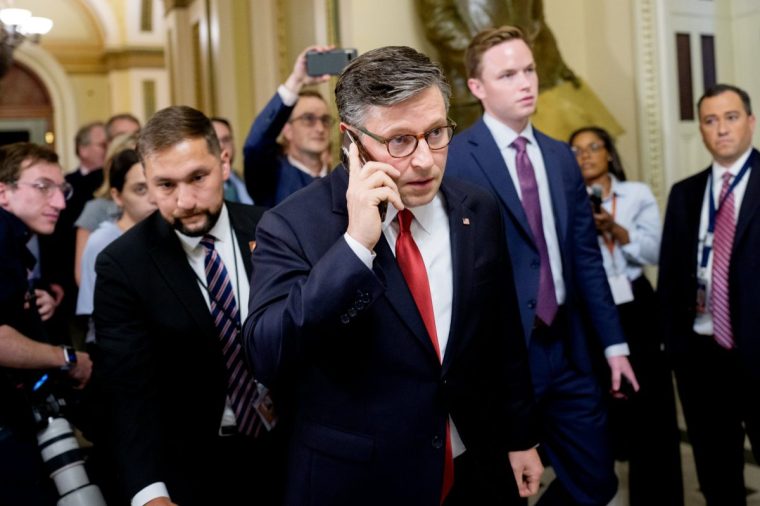 WASHINGTON, DC - JULY 2: Speaker of the House Mike Johnson (R-LA) walks to his office at the U.S. Capitol on July 02, 2025 in Washington, DC. Johnson, U.S. President Donald Trump and other Republicans are working to gather enough support to begin debate on Trump's sweeping tax and spending bill, which was passed by the Senate yesterday. (Photo by Andrew Harnik/Getty Images)
