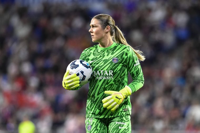 LYON, FRANCE - MAY 16: Goalkeeper Mary Earps of Paris Saint-Germain looks on during the Arkema Premiere Ligue Feminine, Final match between Lyon and Paris Saint-Germain on May 16, 2025 in Lyon, France. (Photo by Eurasia Sport Images/Getty Images)