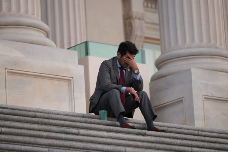 WASHINGTON, DC - JULY 03: U.S. Rep. Jimmy Gomez (D-CA) sits on the steps outside the U.S. Capitol during the procedural vote on the One Big Beautiful Bill Act on July 03, 2025 in Washington, DC. Speaker of the House Mike Johnson (R-LA), President Donald Trump and other Republicans are scrambling to gather enough support to begin debate on Trump's sweeping tax and spending bill. (Photo by Kayla Bartkowski/Getty Images)