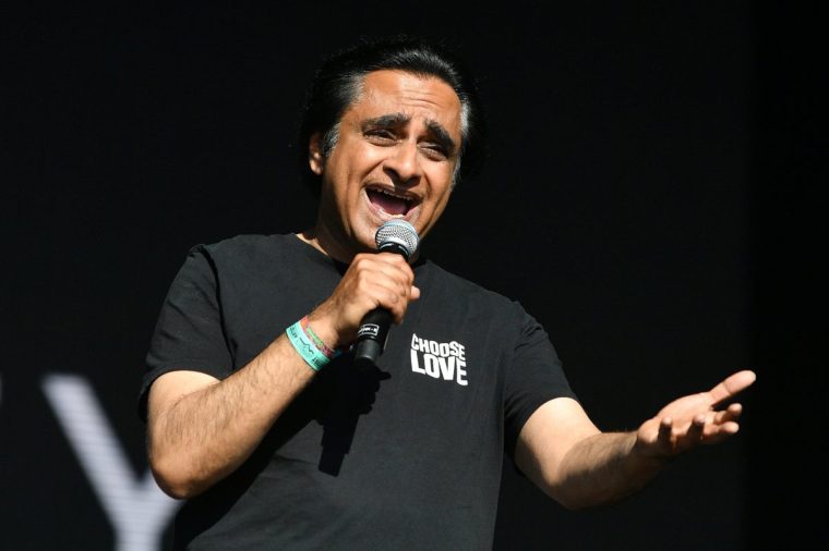 GLASTONBURY, ENGLAND - JUNE 29: Actor Sanjeev Bhaskar introduces Nitin Sawhney on the West Holts stage during day four of Glastonbury Festival 2024 at Worthy Farm, Pilton on June 29, 2024 in Glastonbury, England. (Photo by Jim Dyson/Redferns)