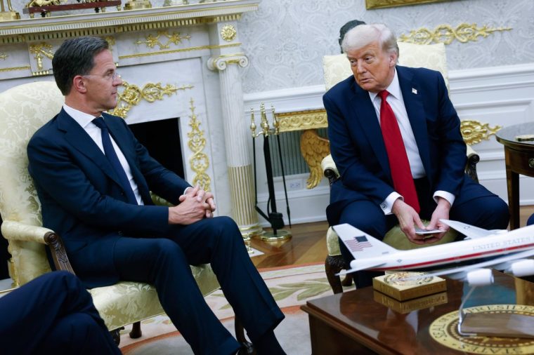 WASHINGTON, DC - JULY 14: U.S. President Donald Trump meets with NATO Secretary General Mark Rutte in the Oval Office at the White House on July 14, 2025 in Washington, DC. Trump is meeting with Rutte a day after announcing that the U.S. will send Patriot air defense missiles to Ukraine to help it defend against Russia's intensifying aerial attacks. (Photo by Kevin Dietsch/Getty Images)