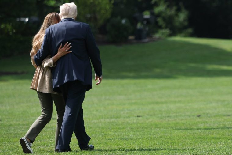 WASHINGTON, DC - JULY 11: U.S. President Donald Trump departs the White House with first lady Melania Trump on July 11, 2025 in Washington, DC. Trump is scheduled to travel to Central Texas today to meet with first responders and local elected officials involved with the recovery process from last week's flash flooding event that has claimed more than 120 lives. (Photo by Win McNamee/Getty Images)
