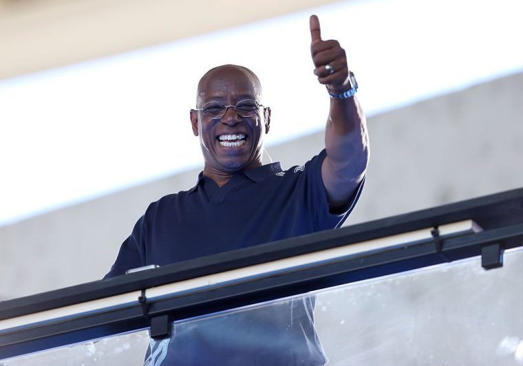 GENEVA, SWITZERLAND - JULY 22: Ian Wright, Former England footballer and current TV pundit gestures, as he is seen inside the stadium prior to the UEFA Women's EURO 2025 Semi-Final match between England and Italy at Stade de Geneve on July 22, 2025 in Geneva, Switzerland. (Photo by Charlotte Wilson/Getty Images)