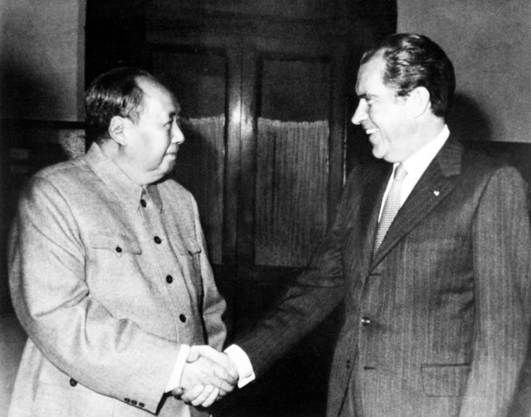U. S. President Richard Nixon's 1972 visit to the People's Republic of China was an important step in formally normalizing relations between the United States and the People's Republic of China. Between February 21-28, 1972, U. S. President Richard Nixon traveled to Beijing, Hangzhou and Shanghai. Almost as soon as the American president arrived in the Chinese capital he was summoned for a quick meeting with Chairman Mao who, unknown to the Americans, had been ill nine days earlier but was at that point feeling strong enough to meet Nixon. Although Nixon was in China for a week, this would be his sole meeting with the top Chinese leader. Nixon held many meetings with Chinese Premier Zhou Enlai during the trip, which included visits to the Great Wall, Hangzhou, and Shanghai. At the conclusion of his trip, the United States and the PRC Governments issued the Shanghai Communiqu??, a statement of their foreign policy views and a document that has remained the basis of Sino-American bilateral relations. (Photo by: Pictures From History/Universal Images Group via Getty Images)