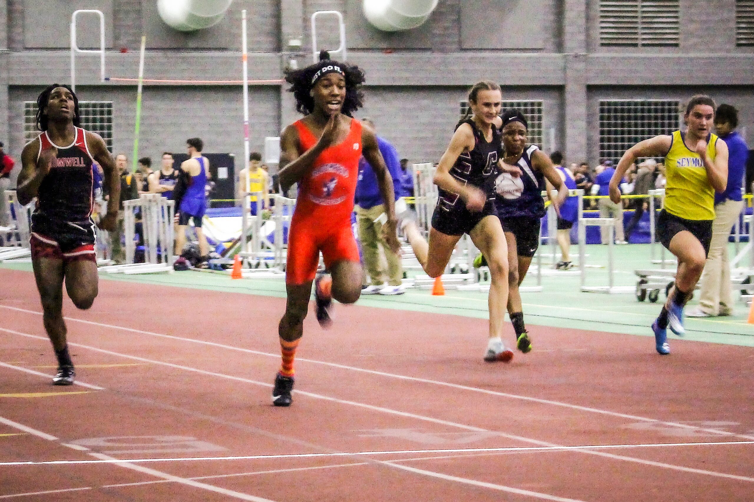 Bloomfield High School transgender athlete Terry Miller, second from left, wins the final of the 55-meter dash over transgender athlete Andraya Yearwood, far left, and other runners in the Connecticut girls Class S indoor track meet at Hillhouse High School in New Haven, Connecticut in 2019