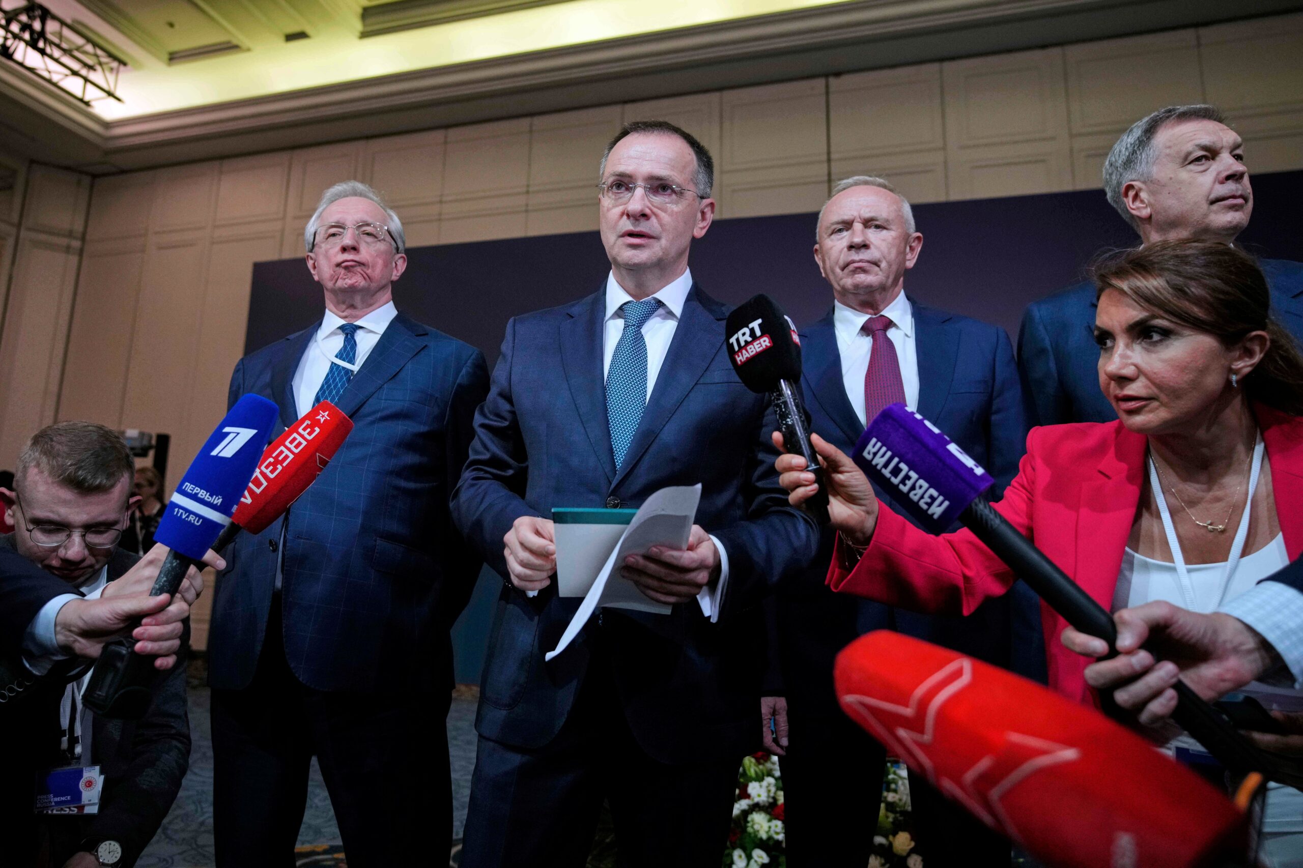 Russian presidential aide Vladimir Medinsky arrives for a news conference following a meeting between Russian and Ukrainian delegations for peace talks at Ciragan palace, in Istanbul, Turkey
