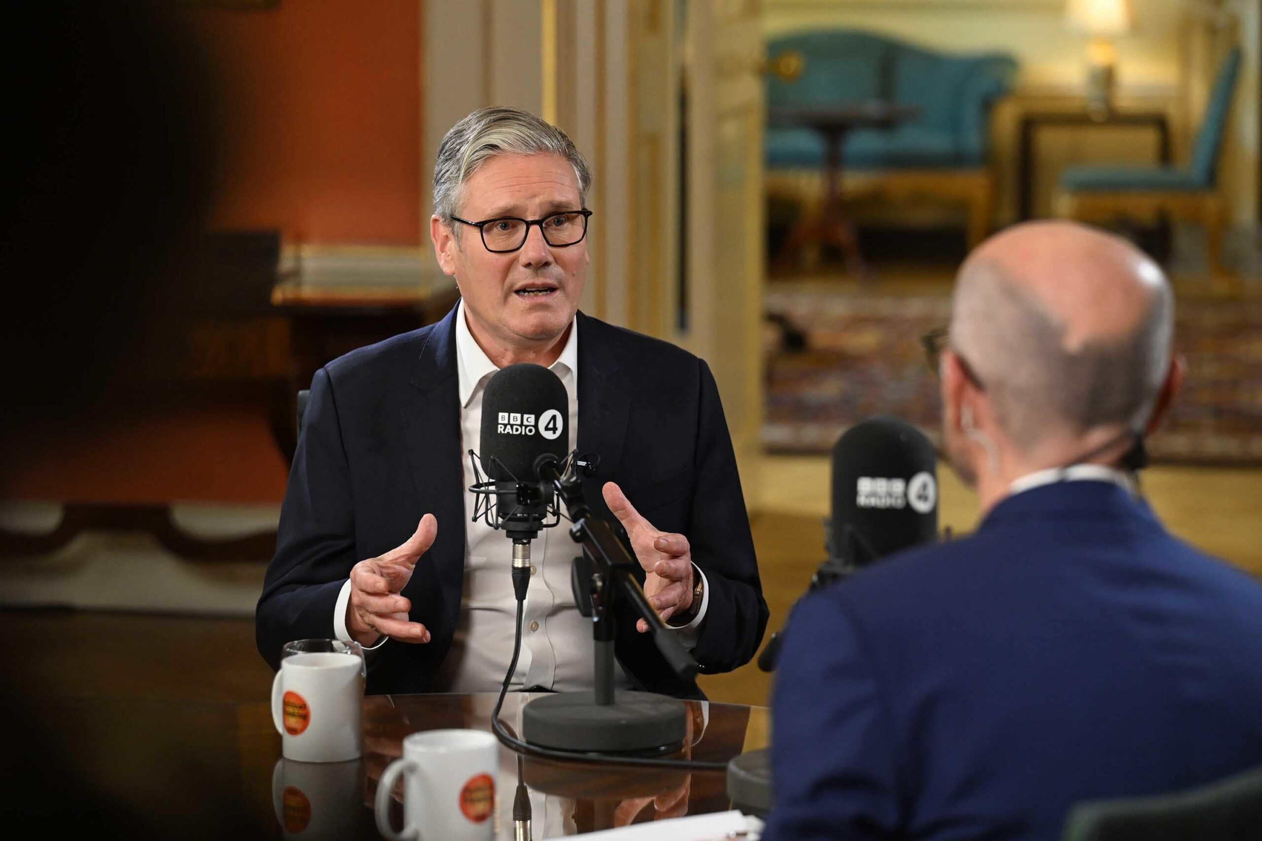 Prime minister Sir Keir Starmer being interviewed by Nick Robinson in the Terracotta Room at 10 Downing Street