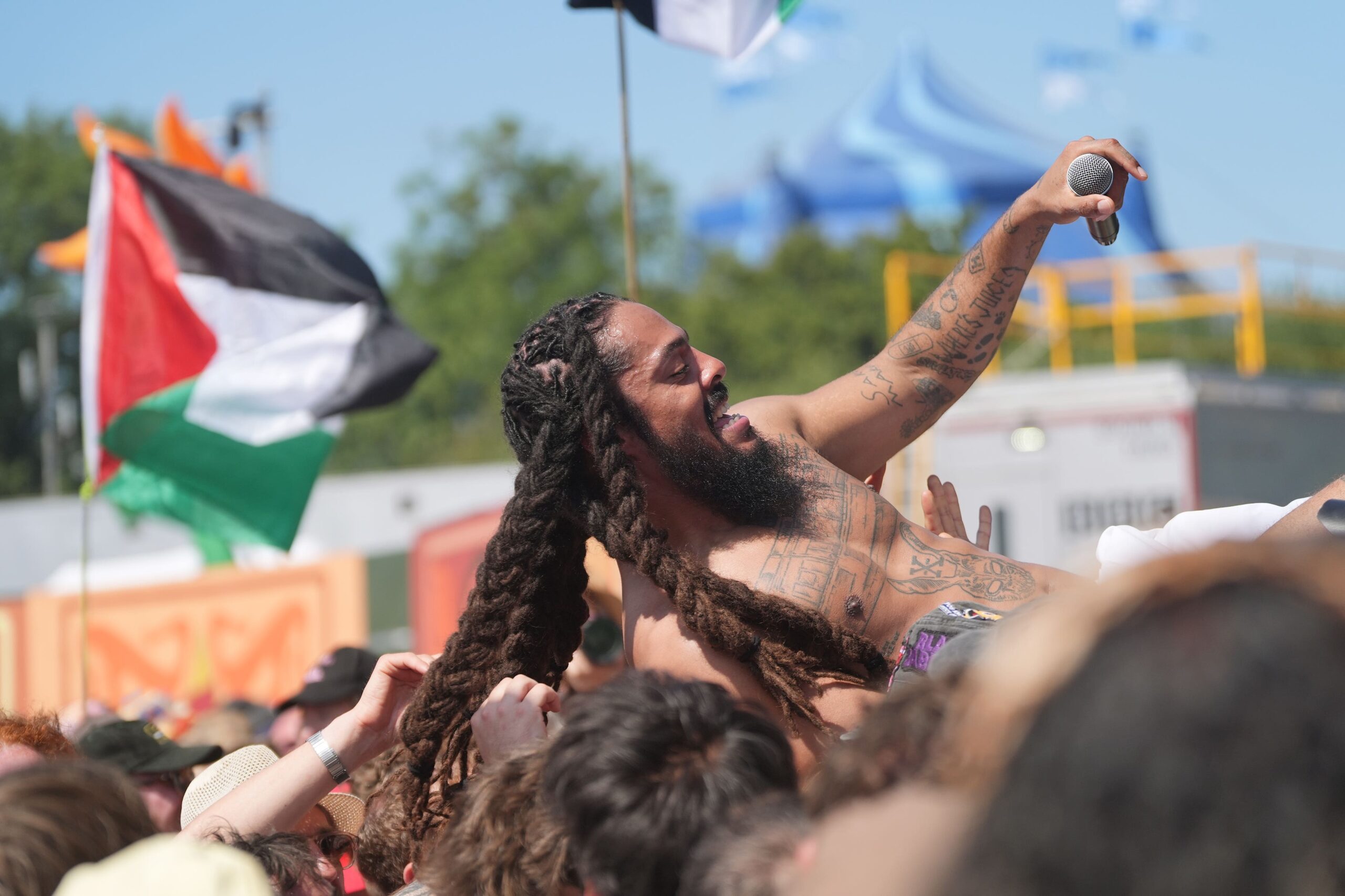 Bobby Vylan crowdsurfing during his performance at Glastonbury Festival