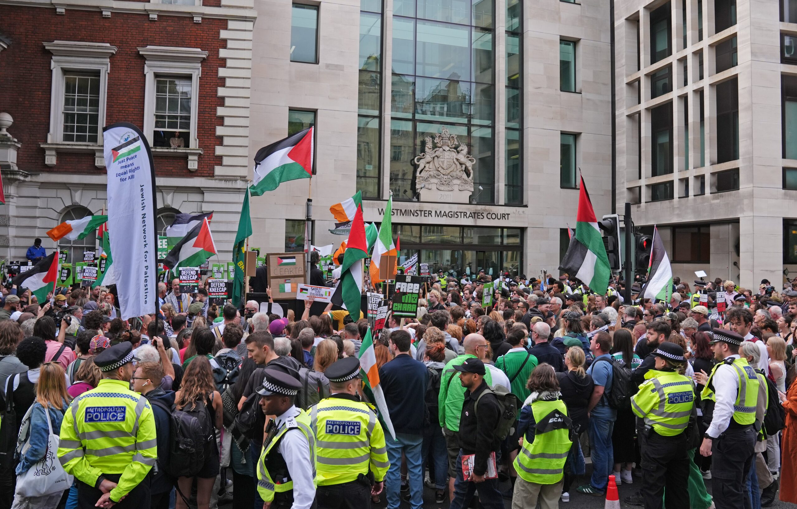 Supporters of Kneecapâs Liam Og O hAnnaidh outside Westminster Magistratesâ Court