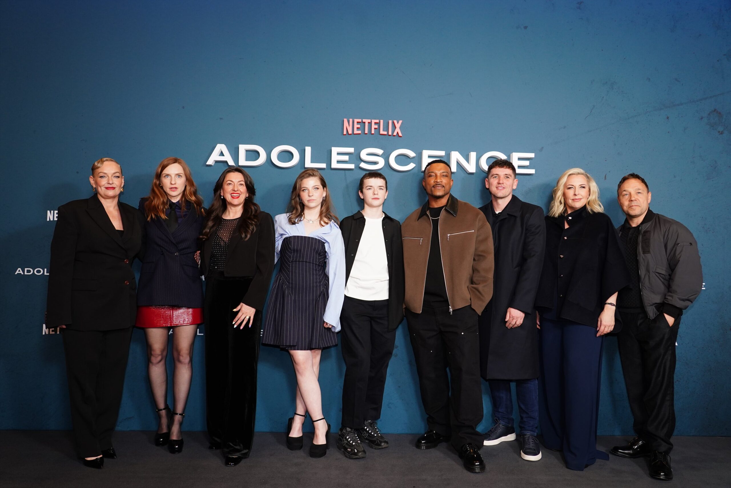 Owen Cooper, centre, Ashley Walters, centre right, and Stephen Graham, right, who stars as Jamie’s father Eddie Miller (Ian West/PA)