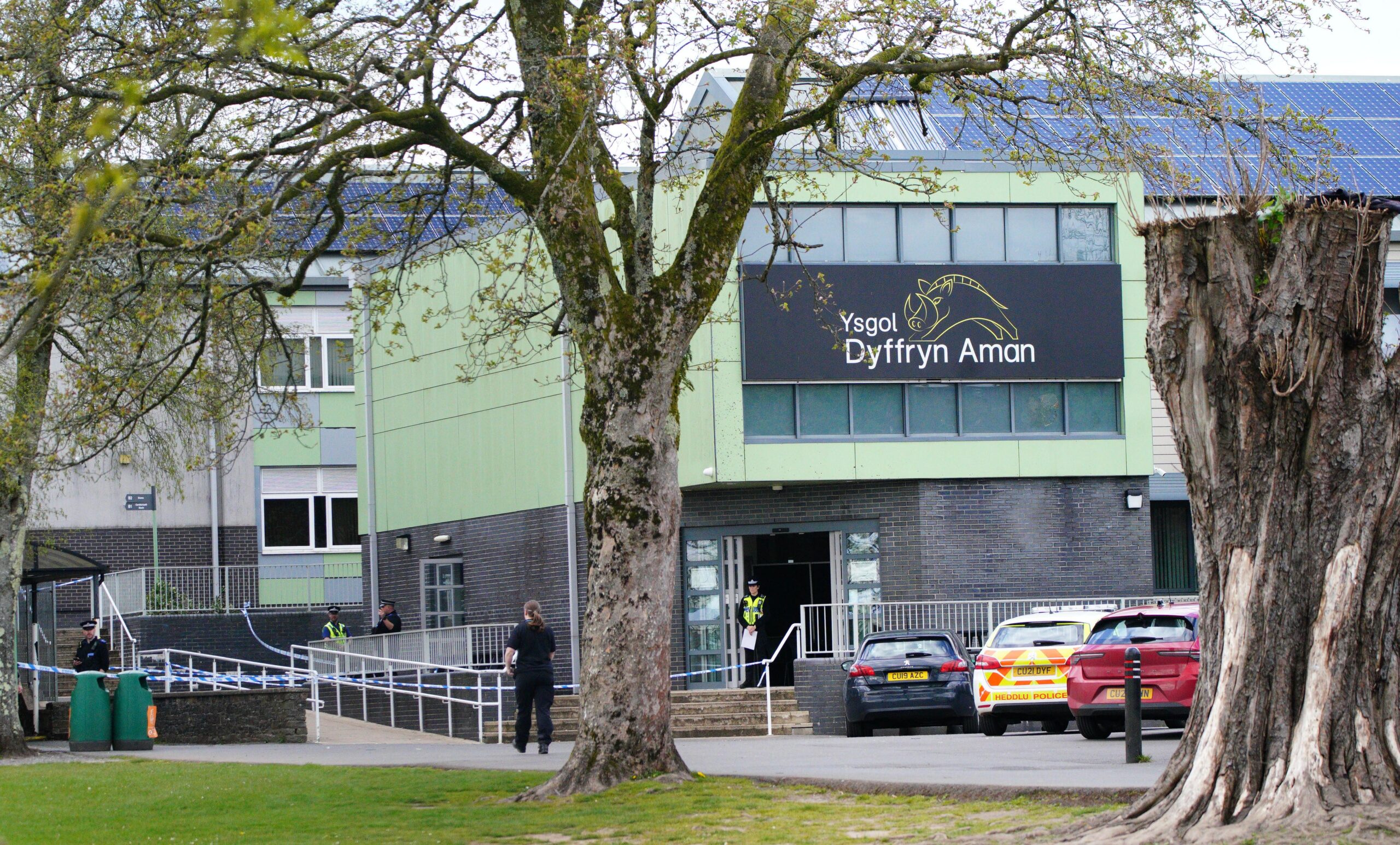 Police at Ysgol Dyffryn Aman, in Ammanford, Carmarthenshire