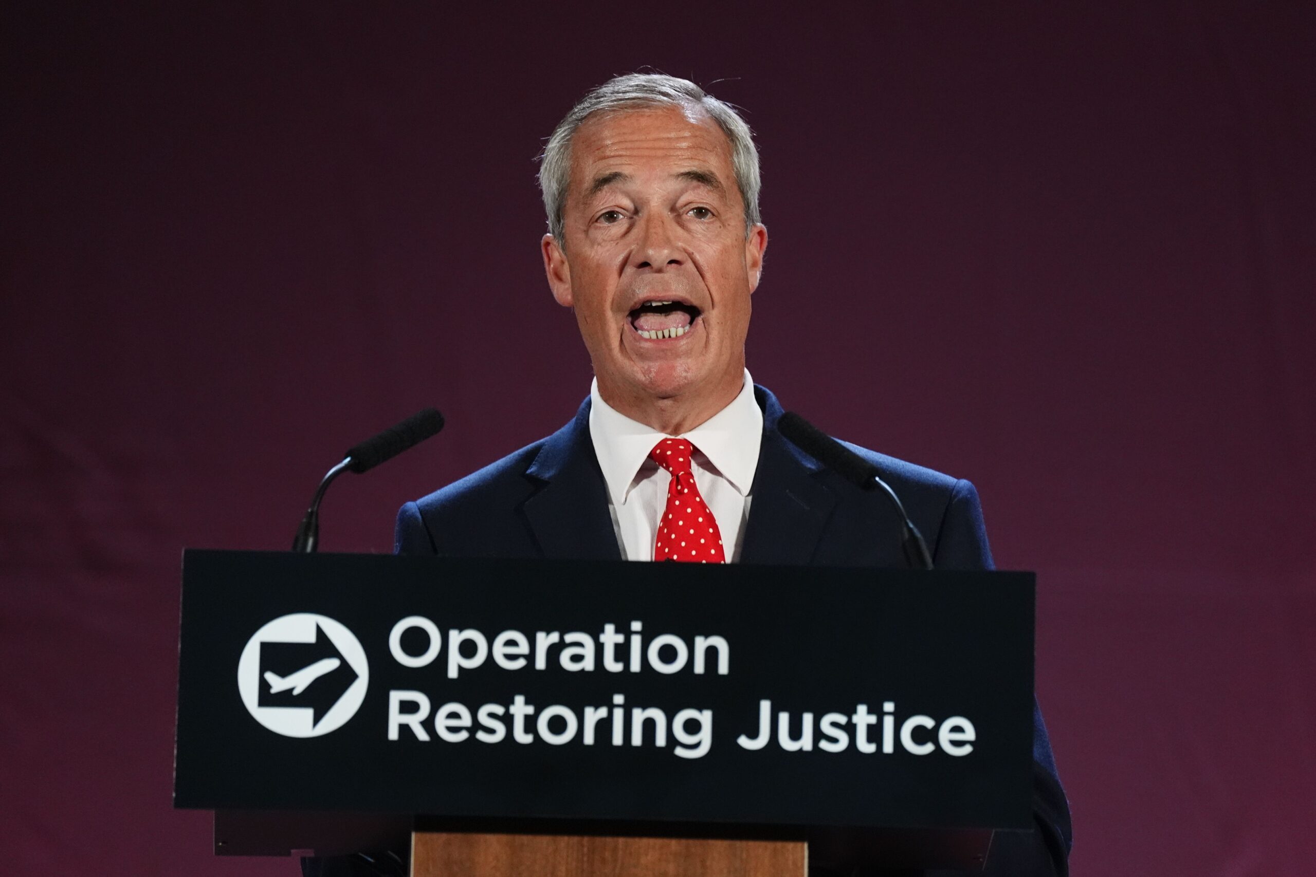 Reform UK party leader Nigel Farage at the launch of Reform UK’s plan to deport asylum seekers, at London Oxford Airport