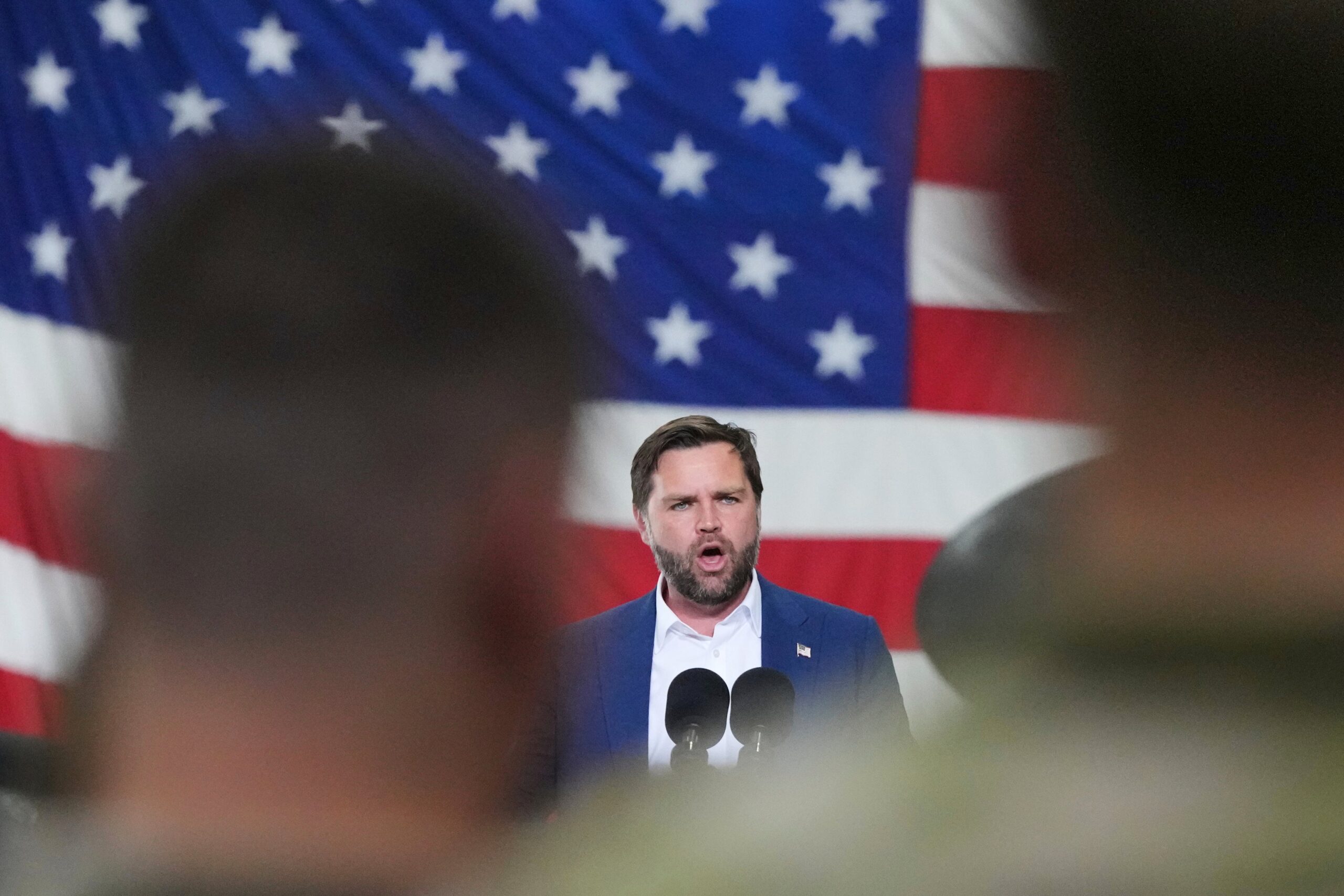 Vice president JD Vance speaks during a visit to airmen and family members of the 501st combat support wing at Royal Air Force Fairford in Gloucestershire in England