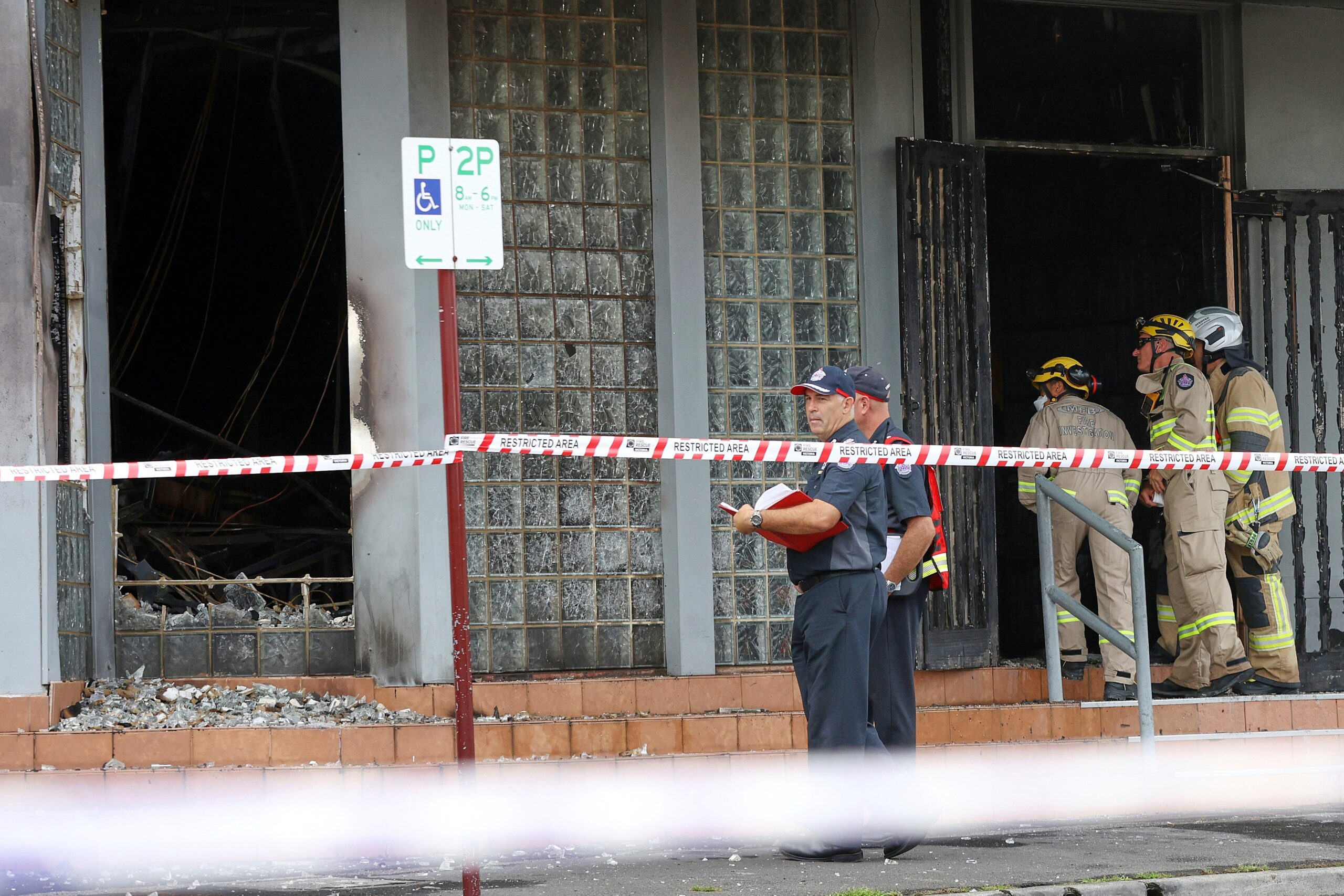 Fire crews and police at the scene of a fire at the Adass Israel Synagogue in Ripponlea, Melbourne, Australia