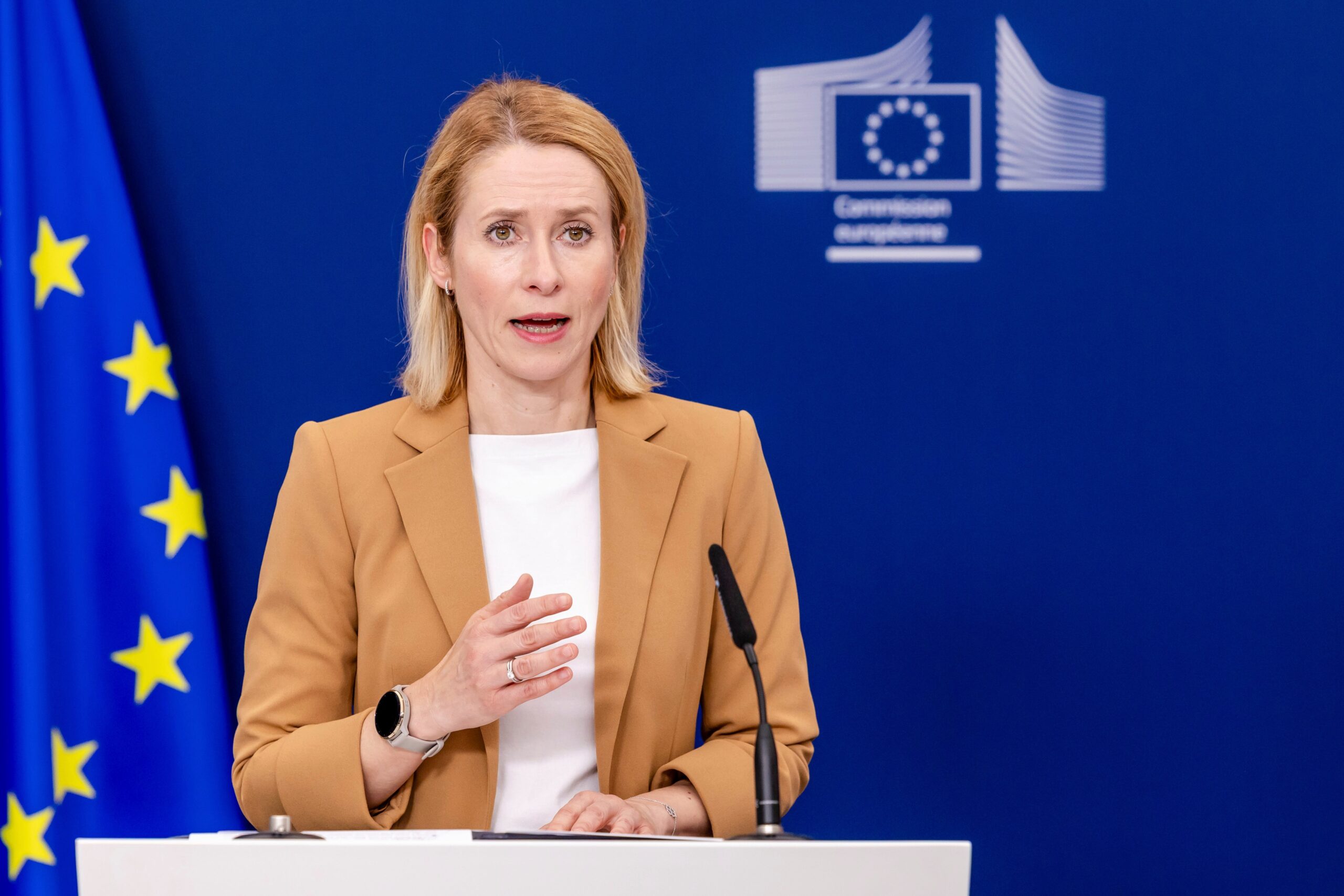 European Union foreign policy chief Kaja Kallas addresses the media at EU headquarters in Brussels