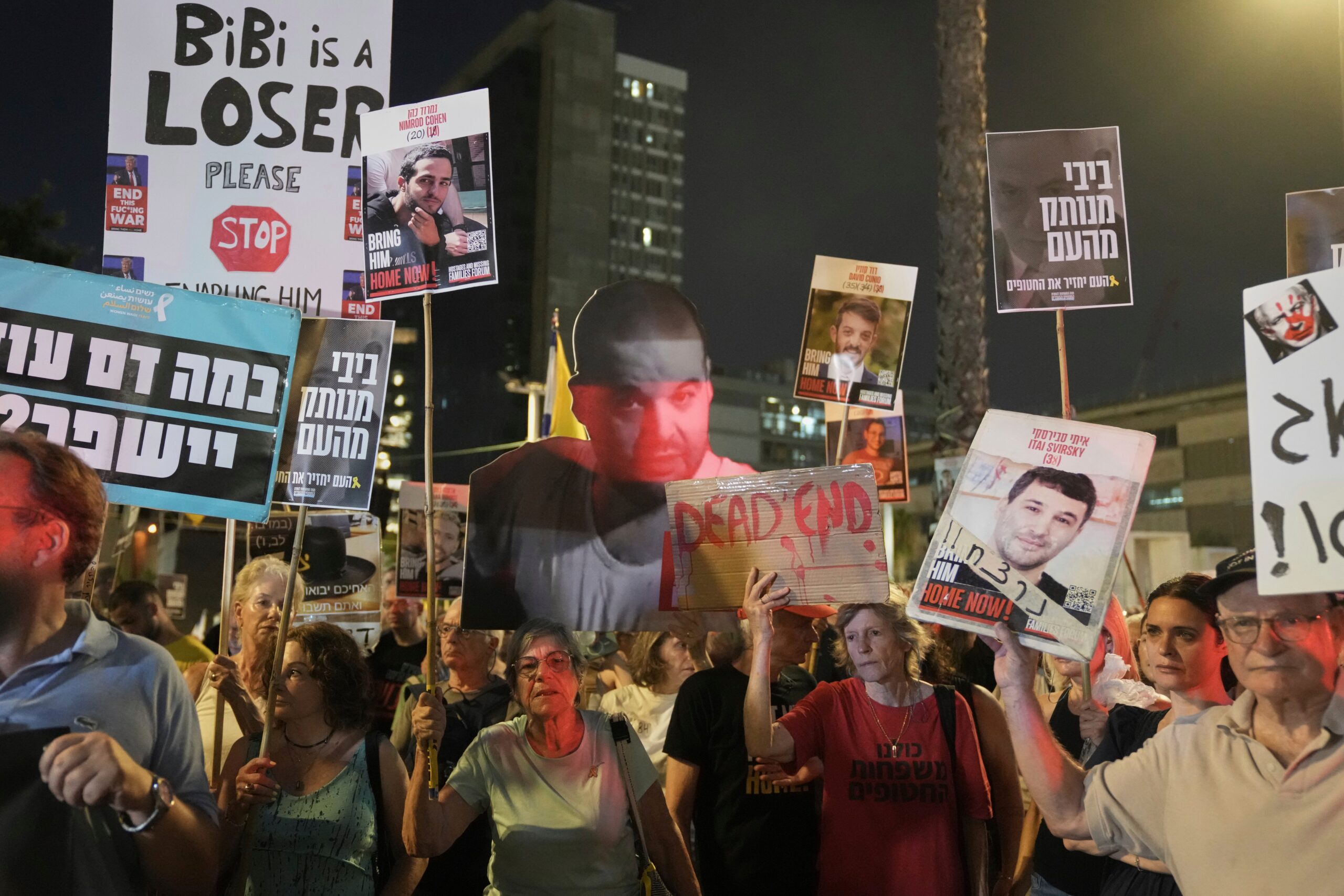 Relatives and supporters of hostages held by Hamas take part in a protest demanding their immediate release and calling for the end of the war in the Gaza Strip, as they march in Tel Aviv