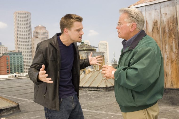 FILM... The Departed (2006); Leonardo DiCaprio (left) pictured as Billy Costigan, with Martin Sheen as as Captain Queenan, in a scene from the crime drama directed by Martin Scorsese.
