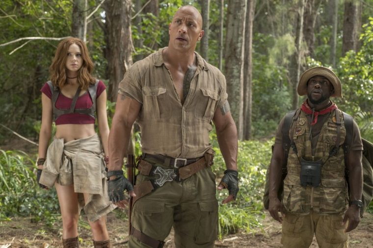 Gillan with Dwayne Johnson and Kevin Hart in 'Jumanji' reboot 'Jumanji: Welcome to the Jungle' (Photo: Frank Masi/ Sony Pictures /AP)