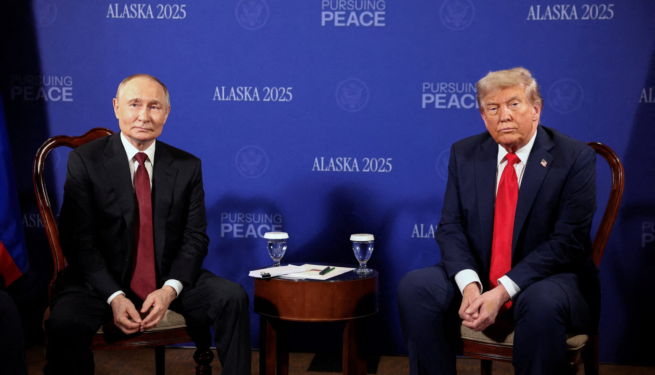 Social media users make a meme out of Russian President Vladimir Putin’s facial expressions as reporters bombard him with questions at the summit with U.S. President Donald Trump in Alaska