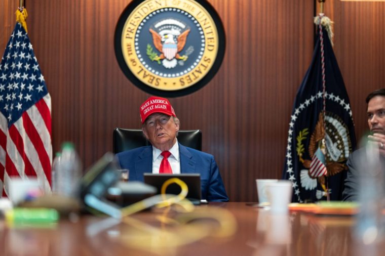 WASHINGTON, DC - JUNE 21: (EDITOR'S NOTE: This Handout image was provided by a third-party organization and may not adhere to Getty Images' editorial policy.) In this handout provided by the White House, U.S. President Donald Trump and Secretary of State Marco Rubio (R) sit in the Situation Room as they monitor the mission that took out three Iranian nuclear enrichment sites, at the White House on June 21, 2025 in Washington, DC. According to the Pentagon, three of Iran???s nuclear sites sustained ???severe damage??? from the U.S. strikes. (Photo by Daniel Torok/The White House via Getty Images)
