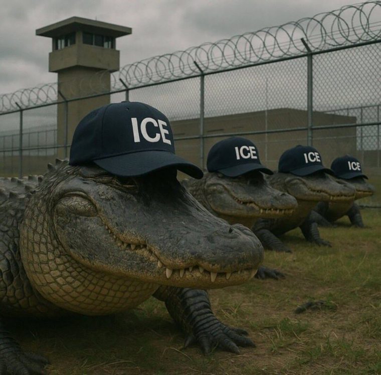 The Department of Homeland Security (DHS) has shared an AI-generated meme depicting alligators wearing U.S. Immigration and Customs Enforcement (ICE) baseball caps outside the fences of a detention centre in Florida. Credit DHS https://x.com/DHSgov/status/1939034194979455282