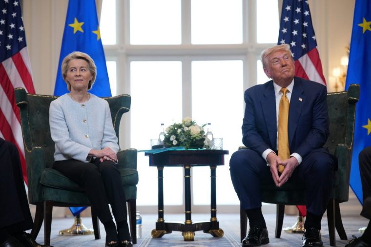 TURNBERRY, SCOTLAND - JULY 27: President of the European Commission Ursula von der Leyen meets with U.S. President Donald Trump at Trump Turnberry golf club on July 27, 2025 in Turnberry, Scotland. U.S. President Donald Trump is visiting his Trump Turnberry golf course, as well as Trump International Golf Links in Aberdeenshire, during a brief visit to Scotland from July 25 to 29. (Photo by Andrew Harnik/Getty Images) *** BESTPIX ***